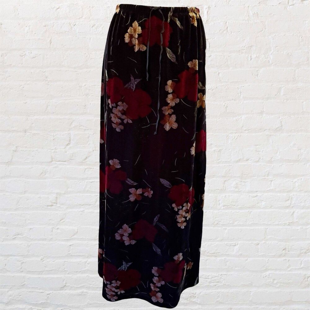 VTG 90s Black Velvet Floral Maxi Skirt Stretchy Whimsigoth Grunge Sz L Large